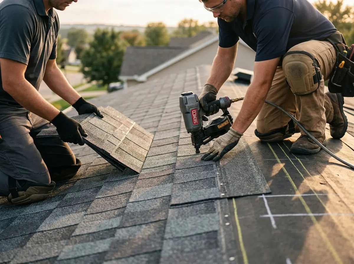 Professional roofer working on a residential roof in Denton